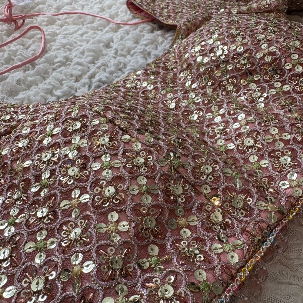 Blush Pink Floral Lehenga with Gold Embellished Blouse - Picture 7 of 16
